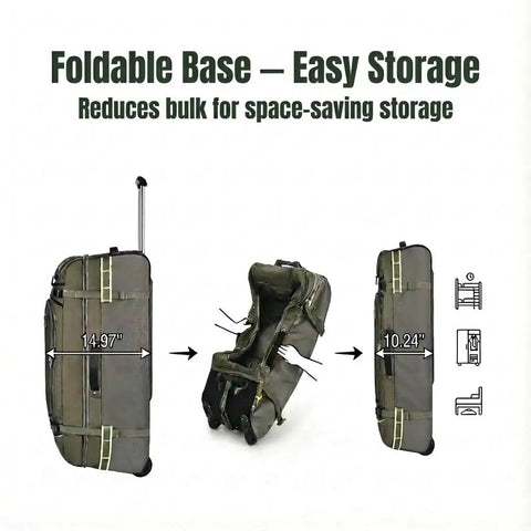 Diagram showing foldable base design of 100L Extra Large Rolling Duffel Bag With Wheels And Handle For Business Travel And Student Relocation