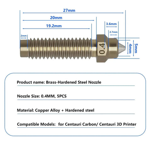 Diagram of 5 Pack Brass Hardened Steel Nozzle For Centauri Carbon and Centauri 3D Printer, 0.4mm, dimensions and features labeled