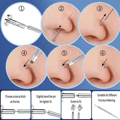 Guide showing usage of Piercing Taper Kit With Grabber Reachers And Threadless Insertion Tapers For 16G 18G 20G Jewelry in nose piercing.