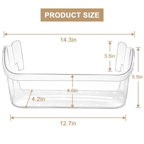 Product size diagram of Refrigerator Door Bin Side Shelf 2-Pack, Clear Replacement for Frigidaire and Kenmore, 14.3 x 4.2 x 5.5 in