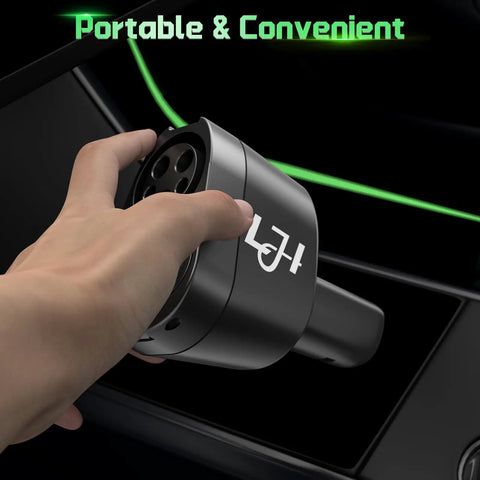 Close-up of hand holding All In One CCS1 J1772 To Tesla Charger Adapter For Model Y 3 S X Cybertruck showing charging port.