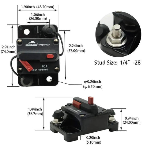 Front view of Young Marine waterproof 60A boat trolling circuit breaker; surface-mount, 12–48V DC.
