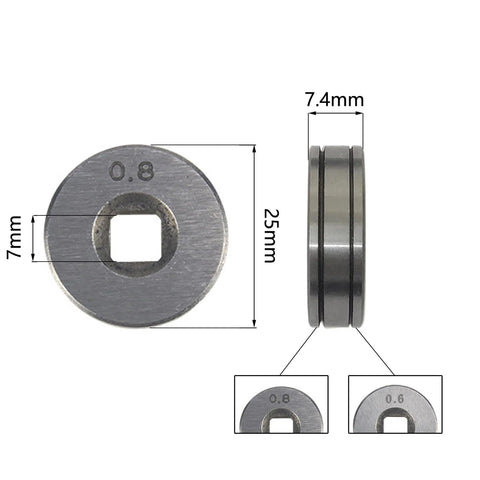Two 25mm diameter metal wire feed drive rollers with smooth grooves, 0.6mm and 0.8mm, for SSJ16 wire feeder (MIG MAG)