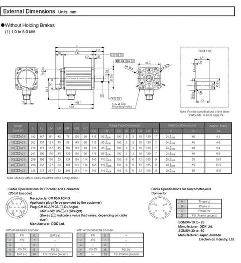CHUNYE SGMSV servo motor SGMSV-10ADA61 1 kW; technical drawing with front, side, and shaft-end views and dimensions.