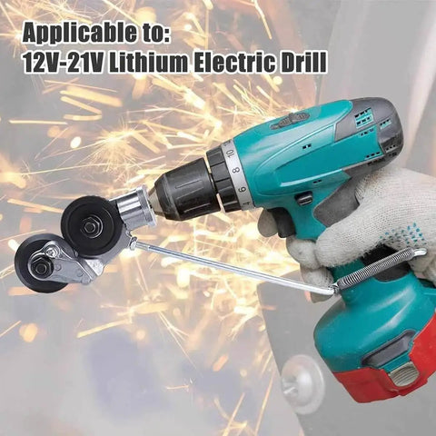 Turn Your Drill Into a Metal Sheet Cutter Nibbler for Precise Cuts, Fast Drill Attachment, displayed with sparks and a gloved hand