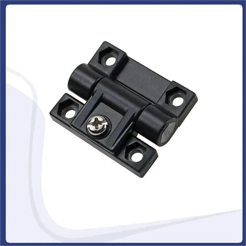 Plastic foldable torque-damping hinge, black, with mounting flanges and center screw.