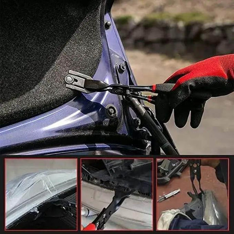 Heavy Duty Plastic Rivet Snap Pliers For Panel Clip Removal And Rivet Pulling, Universal Snap Fastener Tool in use on car trim