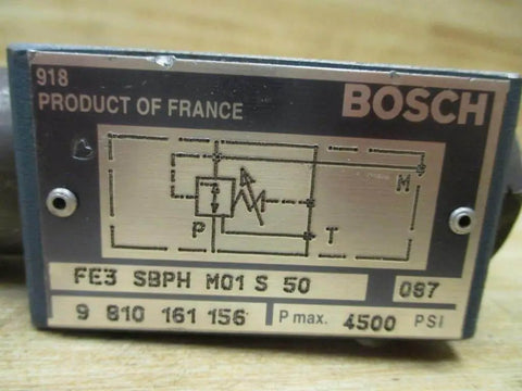 Label of Hydraulic Directional Valve FE3 SB PH M01 S50, 9810161156, high-pressure 4500 PSI, M10-1.25 thread details visible