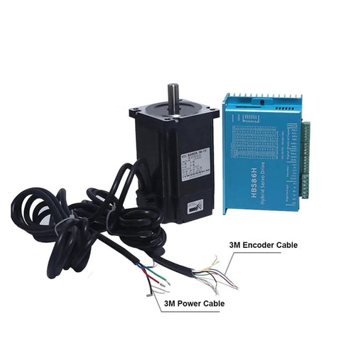 NEMA 34 closed-loop stepper motor with brake beside blue Hybrid Servo Drive; includes 3M encoder and power cables