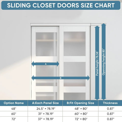 Sliding Bypass Closet Door Set, 48 Inches Wide By 80 Inches Tall, 24.5In Panels With Frosted Glass For Privacy, size chart displayed