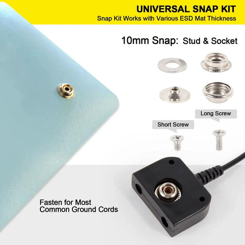 ESD Mat Anti Static Grounding Kit with 10mm universal snap, screws, and low profile grounding plug adapter setup.