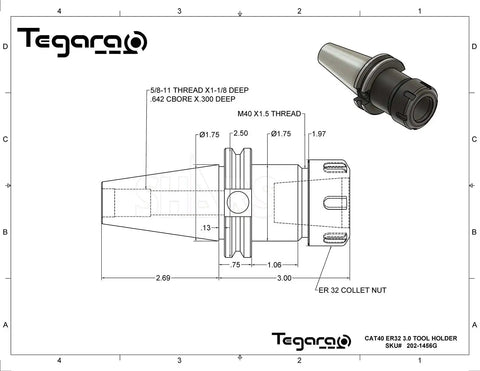 Technical drawing and image of CAT40 ER32 3.0 Inch Collet Chuck Kit with 5/8x11 UNC Drawbar, highlighting dimensions and design.