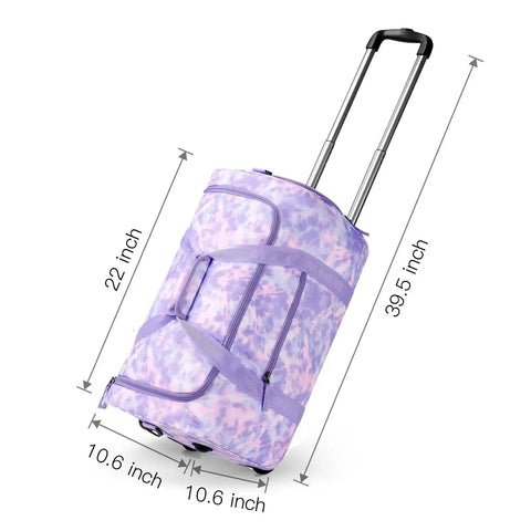 Girls Tie Dye Rolling Duffle Bag For Travel And Camping 22 Inch Purple Luggage With Wheels Hidden Shoe Pocket