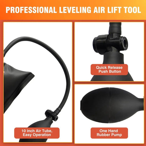Close-up of Heavy Duty Air Wedge Shim Kit With Three Sizes, featuring quick release push button, 10 inch air tube, and rubber pump.