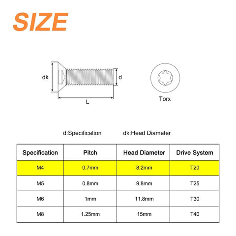 Diagram showing M4-0.7x10mm Flat Head Torx Anti Theft Machine Screws with dimensions and Torx T20 drive