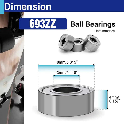 Dimension diagram of 20Pcs 693ZZ Miniature Ball Bearings 3x8x4mm, featuring high-speed, low-noise, double shielded, heat-treated steel.