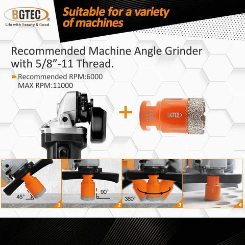Diamond Core Drill Bits Set For Porcelain Tile And Stone Dry Drilling Kit Eight Piece Vacuum Brazed Hole Saw Set Including Six Core Bits In 25 35 45 50 65 And 75 Millimeters Plus 25 Millimeter Finger Bit And SDS Adapter For Ceramic Marble Granite Brick shown with angle grinder compatibility.
