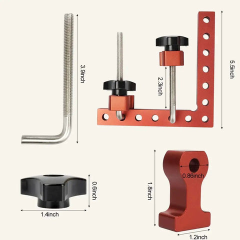 90 Degree Clamp Set For Cabinets And Woodworking, 5.5 X 5.5 Inch Aluminum Right Angle Corner Clamps with dimensions labeled