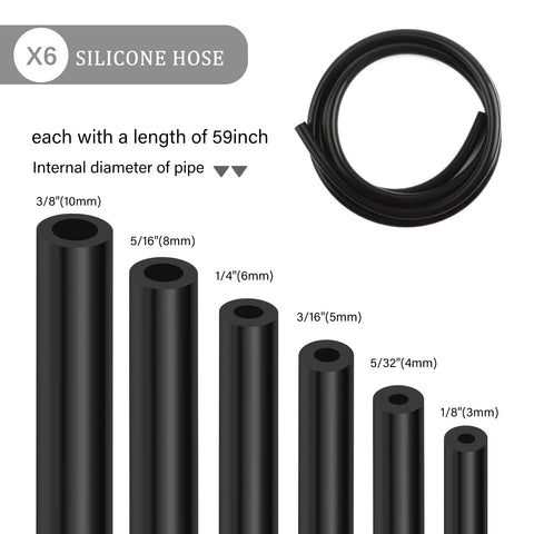 Six-piece black silicone vacuum hose set, 59 inch each, six inner diameters from 3/8 to 1/8 in, includes tube cutter