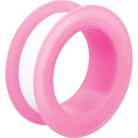 Pink plastic pipe thread seal tape roll for plumbing applications.