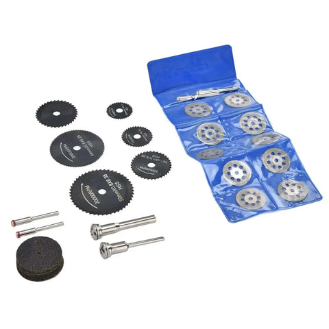 32 Piece Cutting Wheel Set With HSS Circular Saw Blades And Diamond Cutter Wheels Kit displayed with included tools