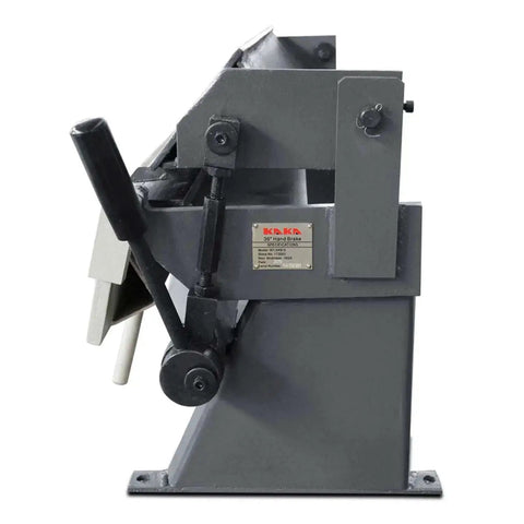 Side view of a 36 Inch Sheet Metal Brake for 20 Gauge Steel and Metals, heavy duty manual bender with adjustable angles for siding and metalwork.