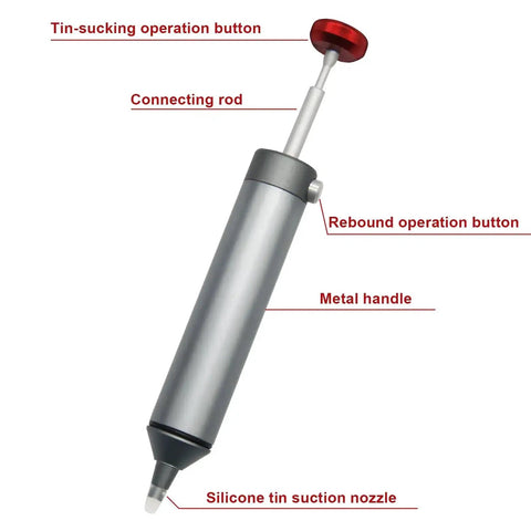 Heavy Duty Desoldering Pump With Strong Suction For PCB Repairs, showing 50mm silicone nozzle and CNC machined aluminum body