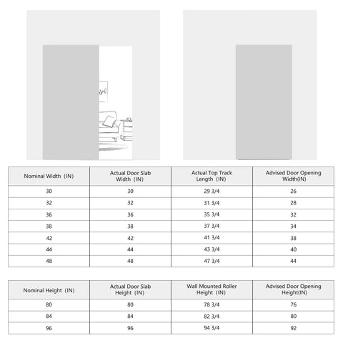Diagram of concealed sliding barn door with dimensions and specifications for hidden rail design and installation guide.