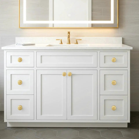 White bathroom vanity with Six Pack Gold Cabinet Knobs With Brushed Brass Finish For Dresser And Drawer Doors Vintage Pumpkin Inspired