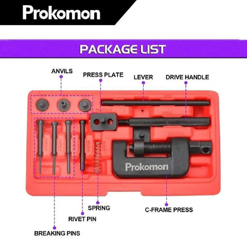 All In One Chain Breaker Tool Kit For Motorcycles And ATVs That Makes Chain Link Removal A Breeze And Riveting Quick And Easy Includes Prokomon 13 Piece Set