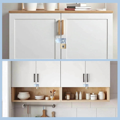 Six Pack Door Hasp And Latch Locks Set Three And One Half Inch Extra Thick Steel Hasp Clasp installed on white cabinets