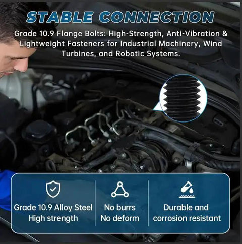 Mechanic working on engine with inset image of Beefy M10 Flanged Washer Head Hex Bolts 35mm Long Full Thread Set Of 10 10.9 Grade Alloy Steel Black Oxide Finish GB5789 Hex Drive 15mm Extra Large Washer Head Heavy Duty Screws.