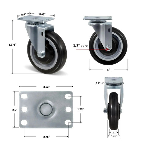 Heavy Duty 5 Inch Swivel Caster Wheels Set Of 4 With 1400 Lb Load Capacity Polyurethane Replacement Casters For Furniture Equipment And Carts Thick Steel Construction 6.37 Inch Total Height 3.62x2.5 Inch Top Plate, showing dimensions and features.