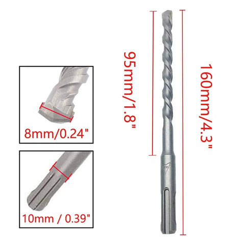 2 Pack 8Mm Carbide Masonry Drill Bit With SDS Plus Shank 160mm Length For Concrete Brick Stone And Artificial Stone Long Lasting Carbide Tip For Fast Clean Holes In Hard Masonry When Used With Hammer Drills close-up view with dimensions
