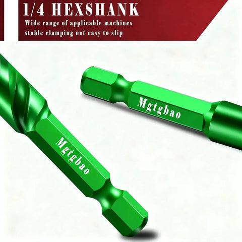 Close-up of green Mgtgbao 10 piece 4 flute serrated carbide masonry drill bit set, showing hex shank and serrated tip