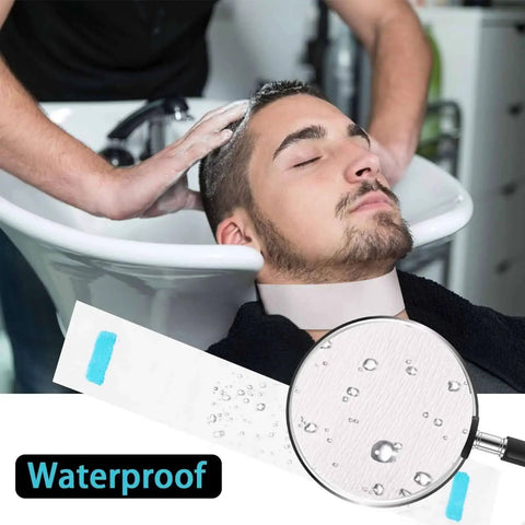 Man at barbershop sink with Disposable Neck Strips for Barbershop, 5 Rolls, Professional Hairdressing Paper Neck Shields.