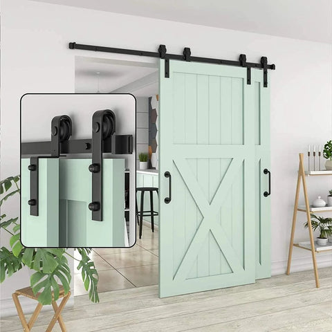 Heavy Duty Carbon Steel Sliding Barn Door Track Hardware Kit With Ceiling Mount, black powder coated, shown installed on doors