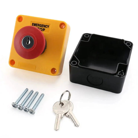 Red Emergency Stop Push Button Switch With Key 660V 1NO 1NC 10A with box, screws, and two keys, industrial grade durable
