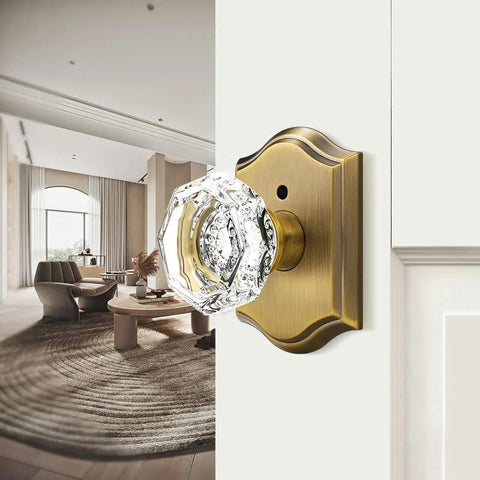 Octagonal Crystal Door Knobs Set Five Pack With Privacy Lock For Bedroom And Bathroom, Antique Bronze Rosette Finish, close-up view