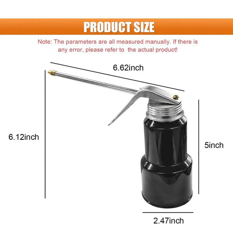 All Steel Pump Oiler Can With Handle 8 Oz 250 Ml Pistol Oil Spray Can With 6 Inch Metal Straight Spout dimensions