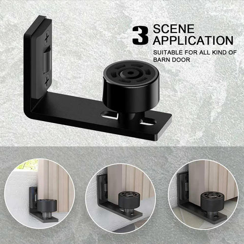 Adjustable Floor Guide For Sliding Barn Doors Black, Wall And Door Bottom Roller Guard shown in three installation views