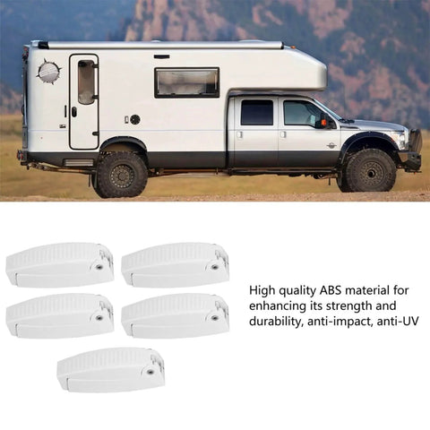 5 Pack Baggage Door Catch For RVs White ABS Door Holder For Cargo Compartments And Doors Spring Loaded Hinge displayed with a camper