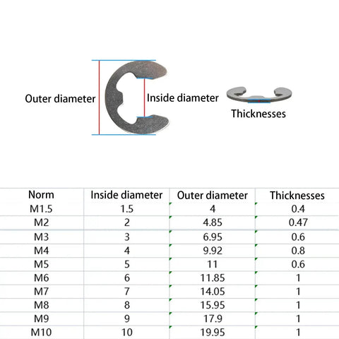 Chart showing dimensions and thicknesses of 100 Pcs Stainless Steel E Clip Circlip Assorted Set For Internal And External Snap Rings M10 10mm