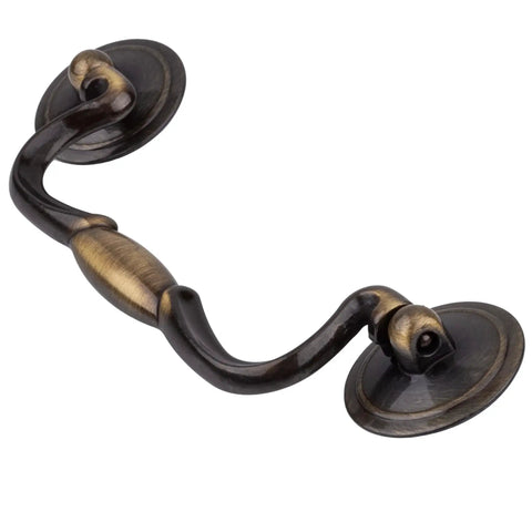 Antique Satin Brass Drawer Bail Pull Handle With Four And A Half Inch Center To Center And Five And Three Quarter Inch Pull Length Die Cast Zinc Cabinet Hardware For Antique Cabinets Desks And Cupboards Reproduction