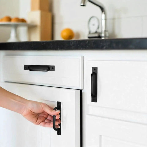 12 Pack Black Barn Door Handle Cabinet Pulls Aluminum Alloy 5.8 Inch Long With Screws for Kitchen Cabinets shown installed