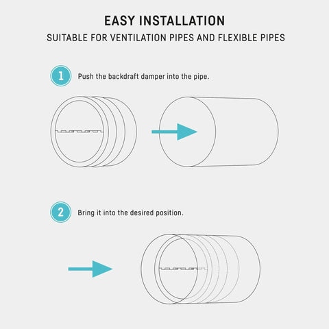 Diagram showing installation of Inline 4 Inch Backdraft Damper With One Way Airflow Check Valve in ducting