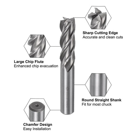 Carbide End Mills Set With 4 Flute Bits 2mm To 12mm Diameters For CNC Milling Aluminum And Steel Perfect For Pros And DIYers High Speed Steel Cutter Bits For Metalworking By uxcell with sharp cutting edge and chamfer design shown in detail.