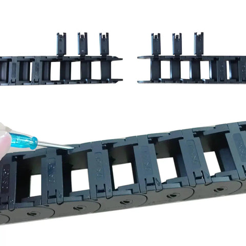 Open Type Drag Chain Cable Carrier 39.4 Inch for CNC Router Mill and 3D Printer with R28 Bend Radius Nylon PA66, screwdriver shown
