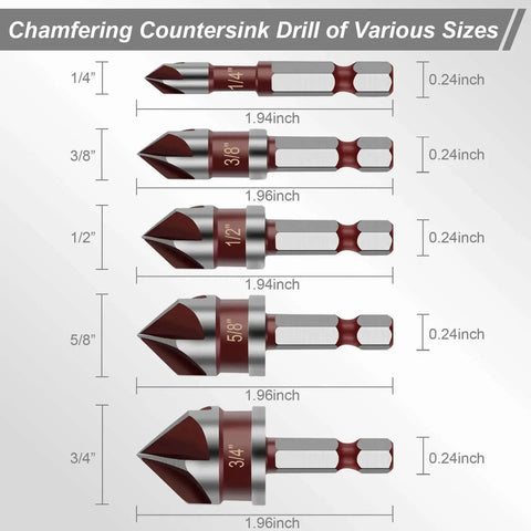 Five-piece Versatile 82 Degree HSS Countersink Drill Bit Set For Wood Metal And Plastic with hex shank, sizes 1/4" to 3/4".