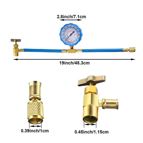 Mudder BPV31 piercing tap valve kit, 2-pack with blue hose and brass fittings, gauge for 1/4–3/8 in R134A lines.